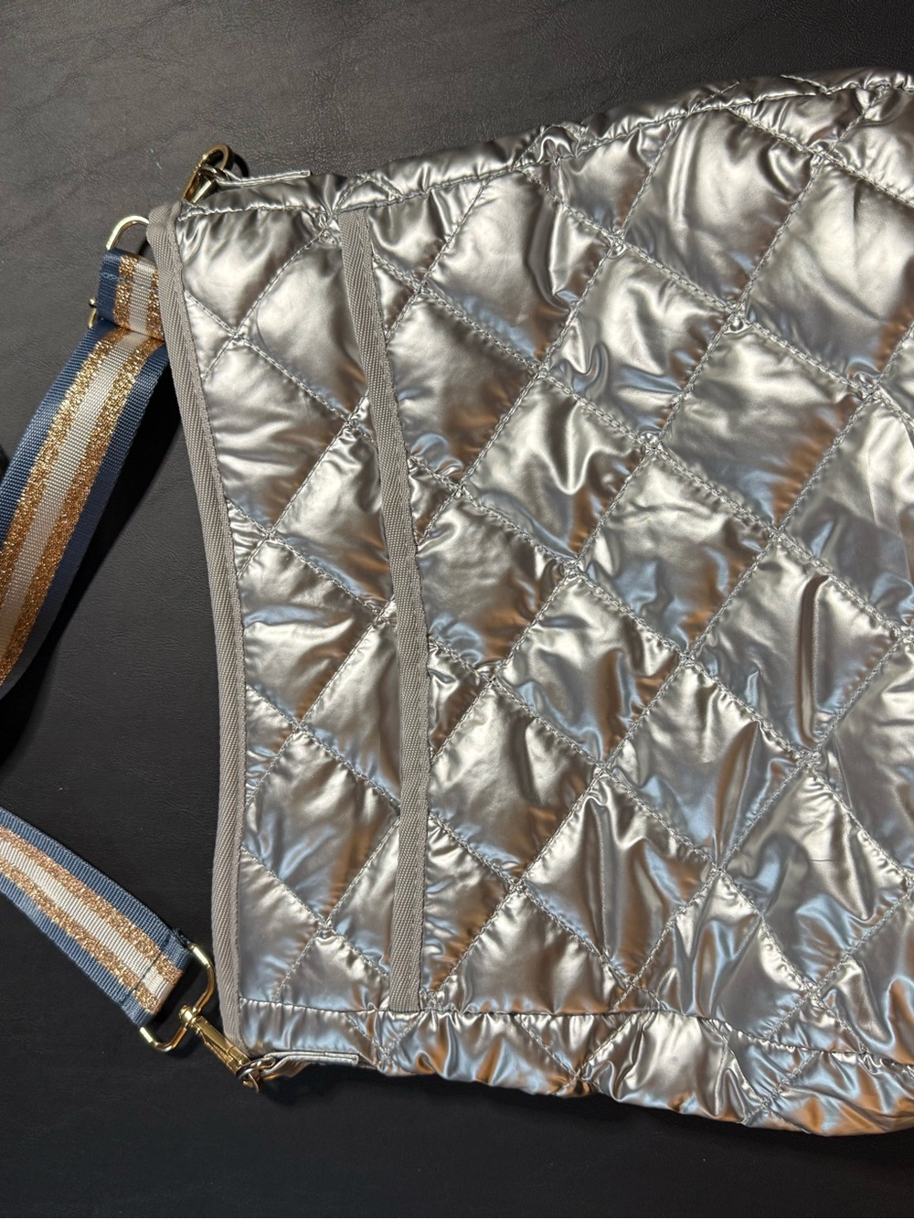 Silver Quilted Crossbody Tote with Striped Strap